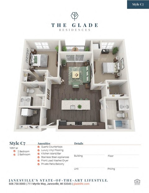 Floor plan for 2 beds, 2 baths, 1097 sqft